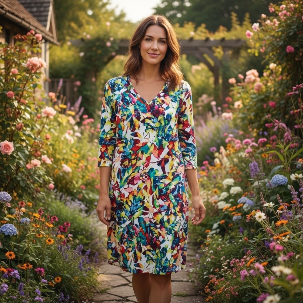 J. Valdi Women 1X Multi Color Abstract Floral V-Neck 3/4 Sleeve Shift Dress NEW
